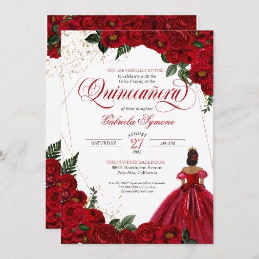 Rote Rosen & Gold Elegante Gown Quinceñera Einladung (Vorne/Hinten)