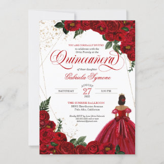 Rote Rosen & Gold Elegante Gown Quinceñera Einladung