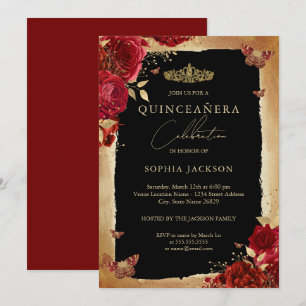 Rote Rosen Gold Elegante Quinceanera-Einladung Einladung