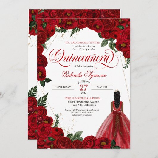 Rote Rosen & Gold Extravaganter Roter Basen Quince Einladung (Vorne/Hinten)