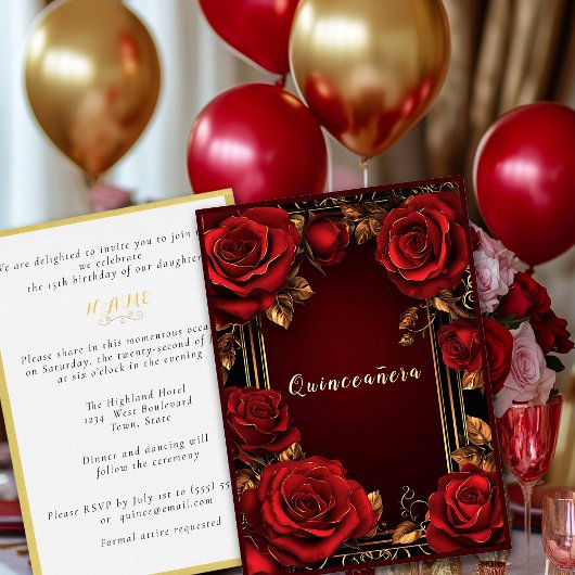 Rote Rosen Gold Frame Quinceañera Foil Einladung