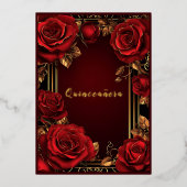 Rote Rosen Gold Frame Quinceañera Foil Einladung (Vorderseite)