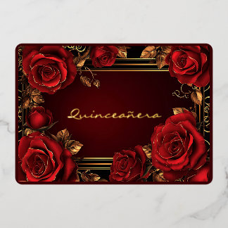 Rote Rosen Gold Frame Quinceañera Foil Einladung