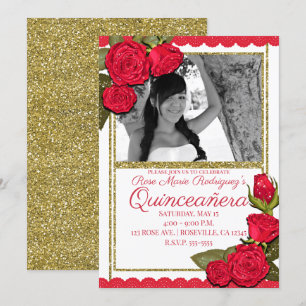 Rote Rosen Gold Glitter Quinceañera Geburtstagsfei Einladung