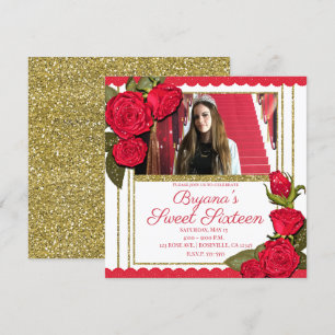 Rote Rosen Gold Glitter Sweet 16 Geburtstagsfeier Einladung