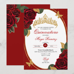 Rote Rosen Gold Glitzer Butterfly Quinceañera Einladung