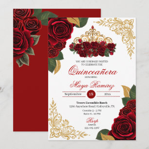 Rote Rosen Gold Glitzer Frames Tiara Quinceañera Einladung