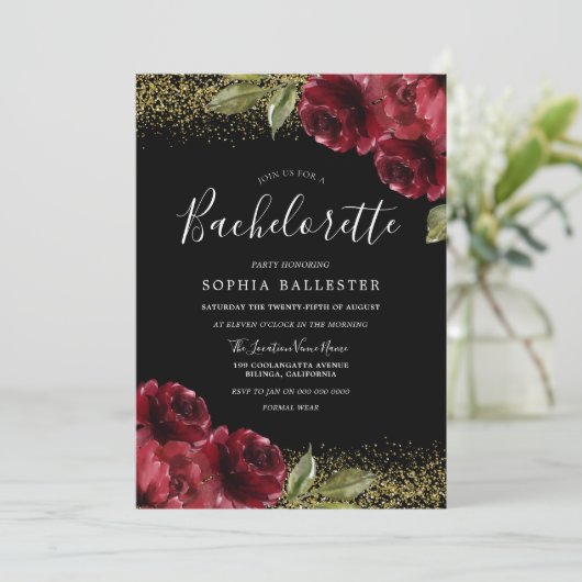 Rote Rosen Gold Glitzer Junggeselinnen-Abschied Einladung (Stehend Vorderseite)