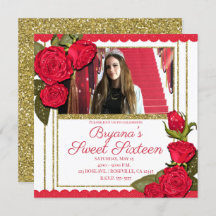 Rote Rosen Gold Glitzer Sweet 16 Geburtstagsparty Einladung
