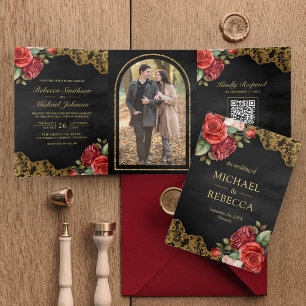 Rote Rosen Gold Lace Black QR Code Foto Hochzeit Dreifach Gefaltete Einladung