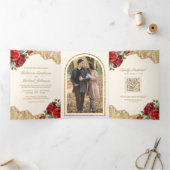 Rote Rosen Gold Lace Cream QR Code Foto Hochzeit Dreifach Gefaltete Einladung (Innenseite)
