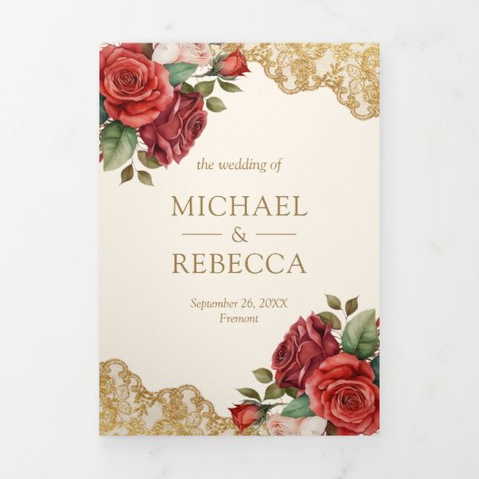 Rote Rosen Gold Lace Cream QR Code Foto Hochzeit Dreifach Gefaltete Einladung (Cover)