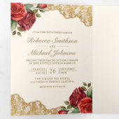 Rote Rosen Gold Lace Cream QR Code Foto Hochzeit Dreifach Gefaltete Einladung (Innen Erste Seite)