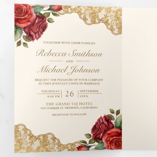 Rote Rosen Gold Lace Cream QR Code Foto Hochzeit Dreifach Gefaltete Einladung (Innen Erste Seite)