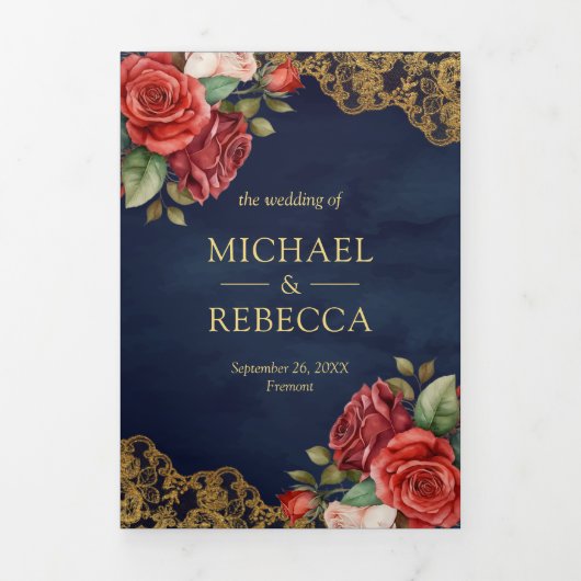 Rote Rosen Gold Lace Navy QR Code Foto Hochzeit Dreifach Gefaltete Einladung (Cover)