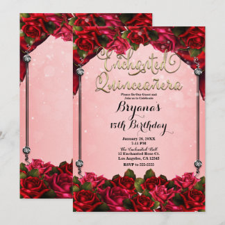 Rote Rosen Gold & Pink Quinceñera 15. Party Einladung