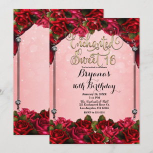 Rote Rosen Gold & Pink Sweet 16 16. Geburtstagsfei Einladung