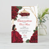 Rote Rosen Gold Quinceañera Einladung (Stehend Vorderseite)
