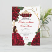 Rote Rosen Gold Quinceañera Einladung (Stehend Vorderseite)