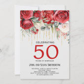 Rote Rosen Gold String Lights 50 Jahre alt Einladung (Vorderseite)