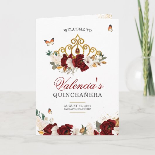 Rote Rosen Gold Tiara Butterfly Quinceanera Programm (Vorderseite)