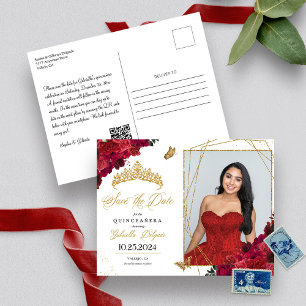 Rote Rosen & Gold-Tiara Quinceañera-Fotogrußkarte Postkarte