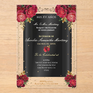 Rote Rosen, Gold und Black Quinceñera Acryleinladungen