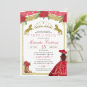 Rote Rosen & Gold Western Charro Dress Quinceañera Einladung (Stehend Vorderseite)