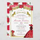 Rote Rosen & Gold Western Charro Dress Quinceañera Einladung (Vorne/Hinten)