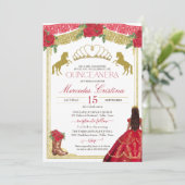 Rote Rosen & Gold Western Charro Dress Quinceañera Einladung (Stehend Vorderseite)