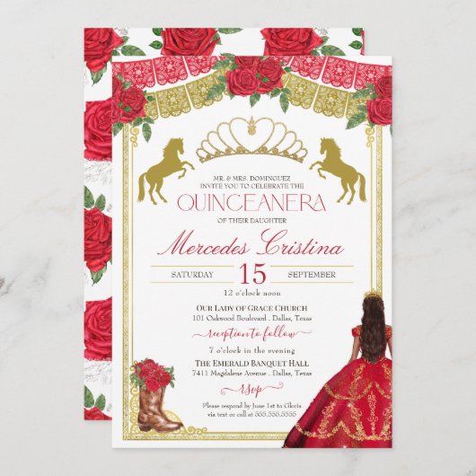 Rote Rosen & Gold Western Charro Dress Quinceañera Einladung (Vorne/Hinten)