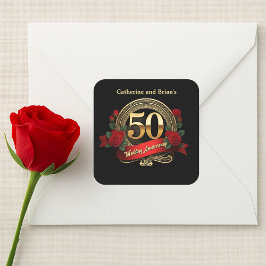 Rote Rosen Golden 50. Hochzeitstag Quadratischer Aufkleber