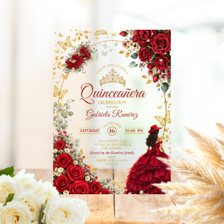 Rote Rosen goldene Schmetterlinge Quinceañera Acryleinladungen