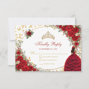 Rote Rosen goldene Schmetterlinge Quinceañera RSVP Karte