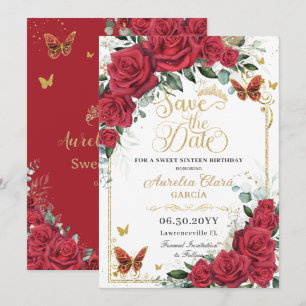 Rote Rosen Goldene Schmetterlinge Quinceanera Swee Save The Date