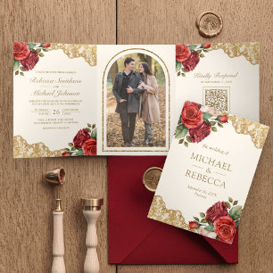 Rote Rosen Goldene Spitze Creme QR-Code Foto Hochz Dreifach Gefaltete Einladung