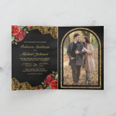 Rote Rosen Goldene Spitze Schwarzer QR-Code Foto H Einladung (Innenseite)