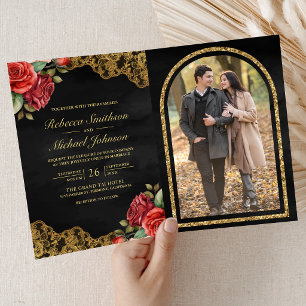 Rote Rosen Goldene Spitze Schwarzer QR-Code Foto H Einladung
