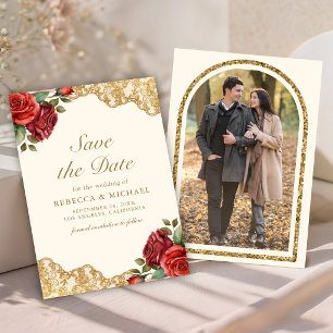 Rote Rosen Goldene Stickerei Creme Foto Hochzeit Save The Date