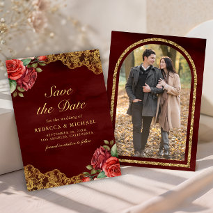Rote Rosen Goldene Stickerei Dunkelrotes Foto Hoch Save The Date