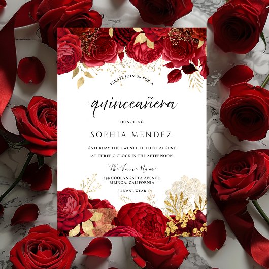 Rote Rosen Goldenes Quinceanera-Party Einladung