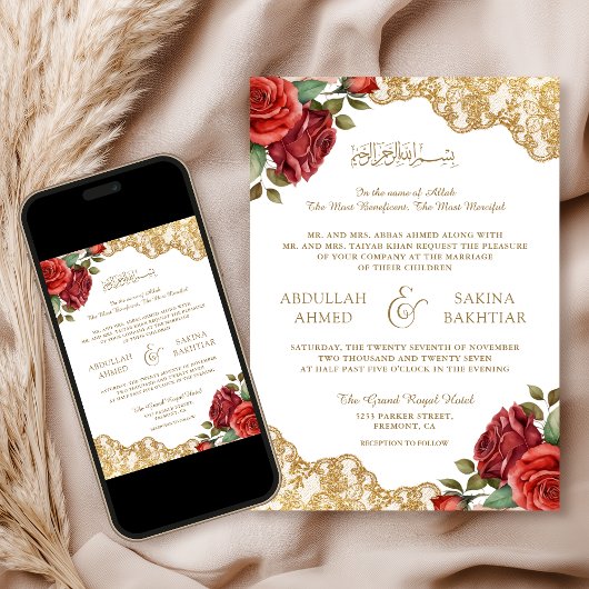 Rote Rosen Goldmedaille QR Code muslimische Hochze Einladung