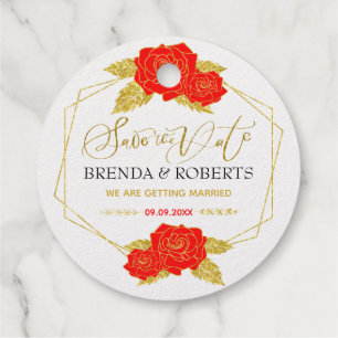 Rote Rosen Goldrahmen Rett-the-date Typografie Geschenkanhänger