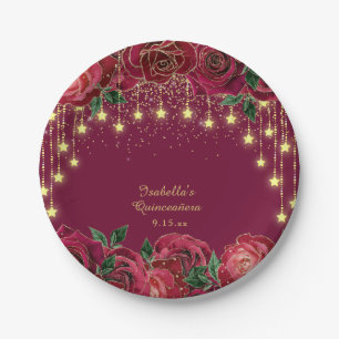Rote Rosen Goldstern Lichterkette Sterne Quinceañe Pappteller