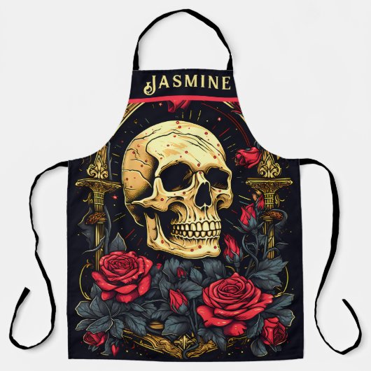 Rote Rosen Gothic Skull Halloween Schürze (Vorderseite)