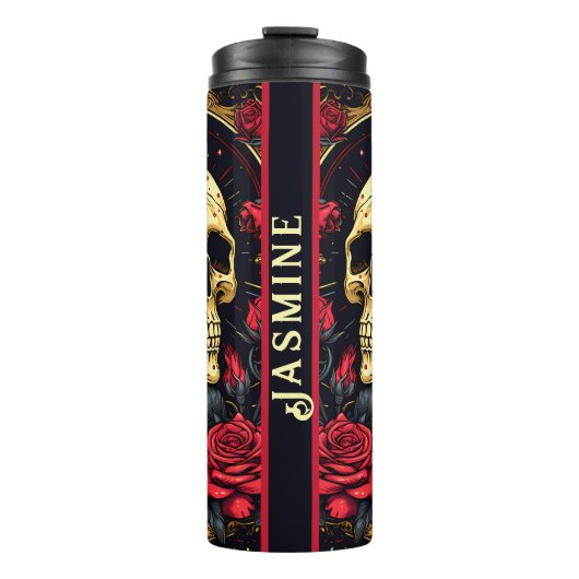 Rote Rosen Gothic Skull Halloween Yoga Thermosbecher (Vorderseite)