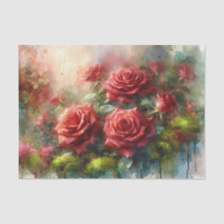 Rote Rosen Green Moss Impressionist Decoupage Seidenpapier