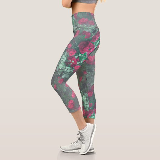Rote Rosen Grüne Blätter Blume Capri Leggings (Links)