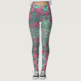 Rote Rosen Grüne Blätter Blume Leggings