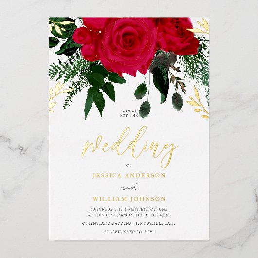 Rote Rosen & Grüne Blätter Hochzeitsgoldfolie Folieneinladung (Vorderseite)